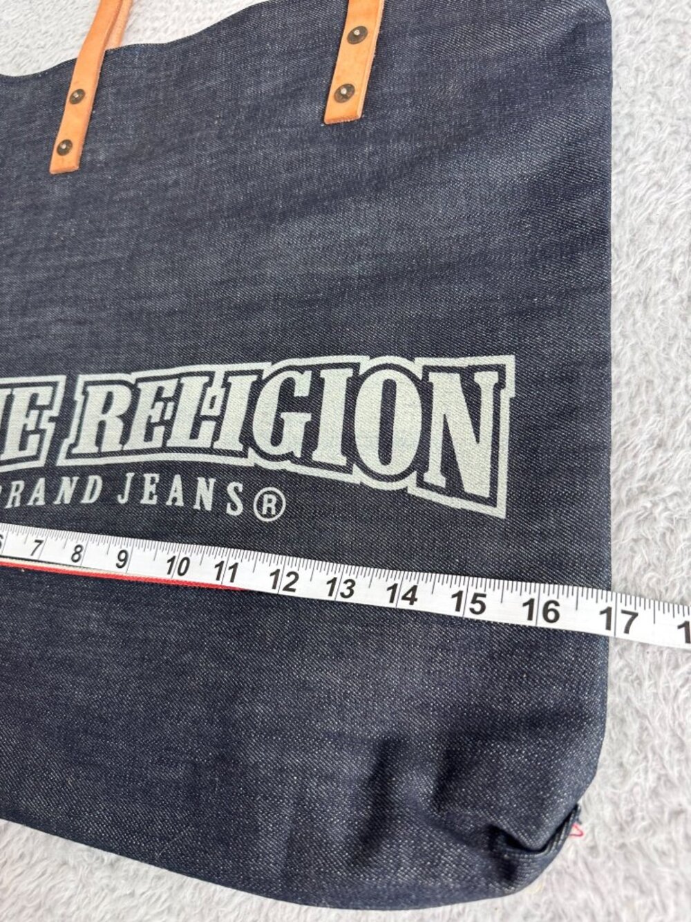 True Religion Denim Lined Tote Bag Leather Straps Red Interior Y2K Retro Travel - Picture 3 of 11